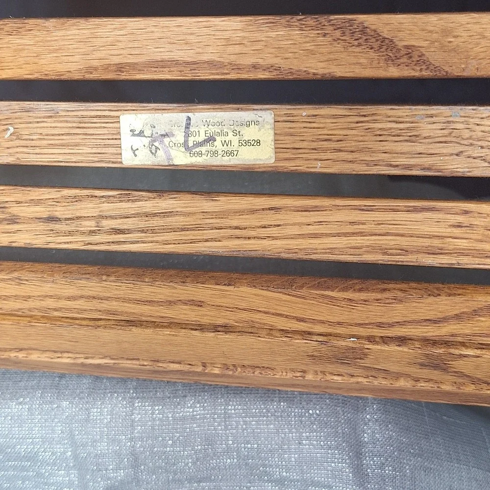 Vintage Oak Wood Slat Basket Tote Trug MCM Bentwood Arch Handle Cross Plains WI